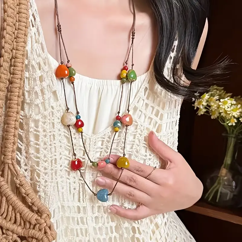 Vintage Ceramic Jewelry Set, 2-in-1 Hand-Woven Necklace & Bracelet for Women with Mixed Color Childlike Shapes, Adjustable Beaded Stack for Casual Daily Wear, Ceramics, Female, Casual Wear