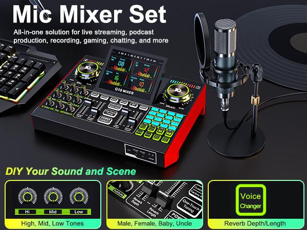 Tenlamp G10-P15 sound card kit, podcast equipment with customizable sound effects, two-level noise reduction, computer audio mixing, condenser microphone, suitable for live streaming, gaming, podcasting