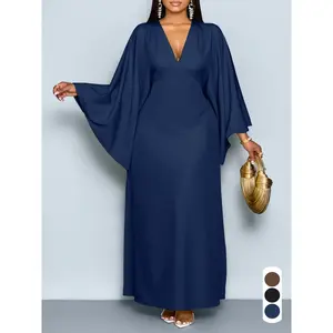 Elegant Women’s Autumn Casual Loose-Fit Dress, Deep V-Neck Long Sleeve High-Waist Split Hem, Plus Size Woven Fabric Women’s Wear