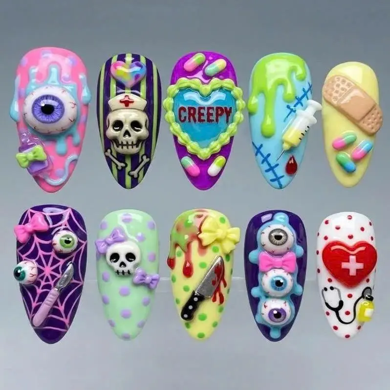 Halloween Collection Press On Nails, Ghost Skull Spider Web Haunted House Design, Cute Goth Horror Style, 3D Bow and Glitter Accent, Handmade Reusable Almond Press On Nails for Spooky Season
