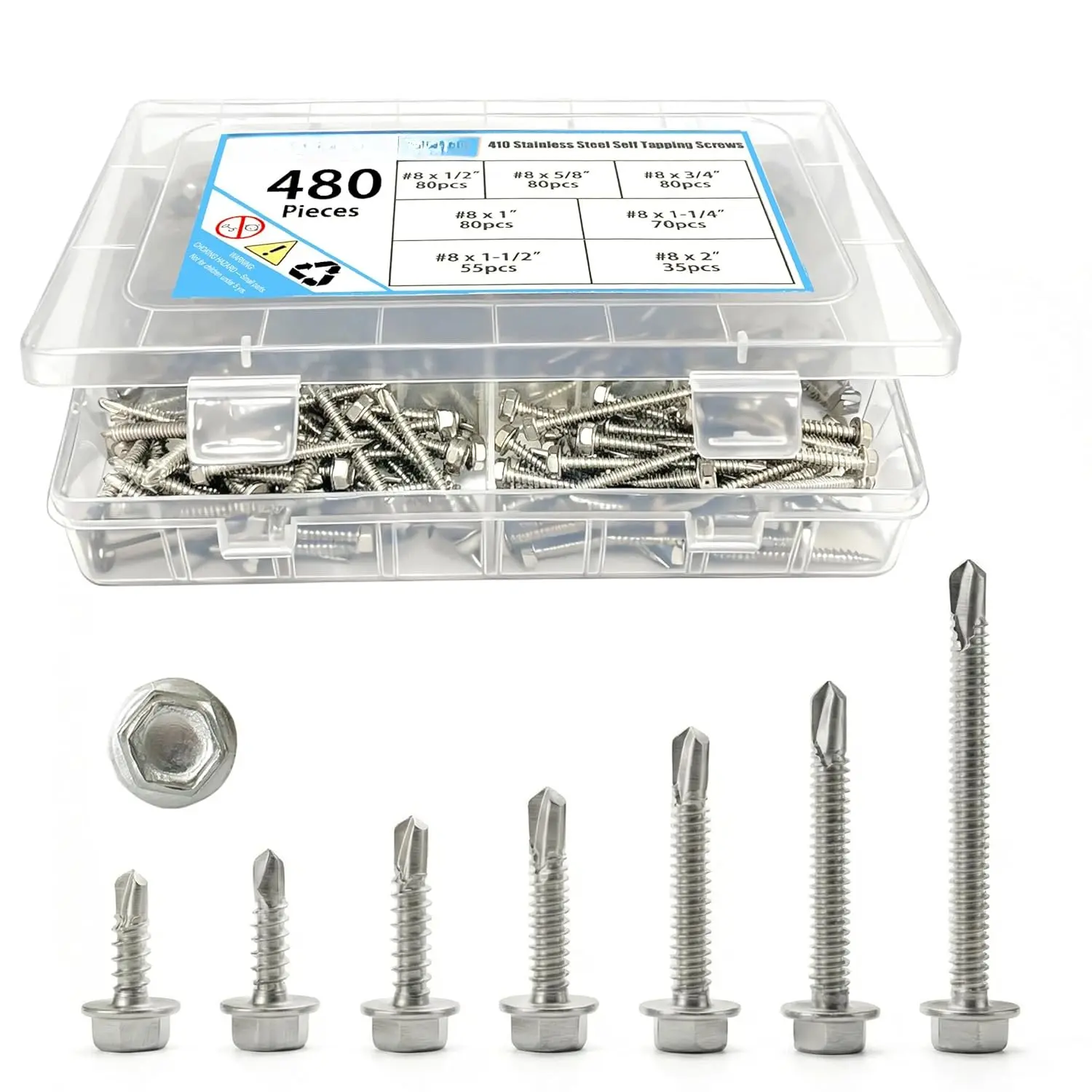 480 count #8 Self-Tapping Screws for Metal, , Plastic - 7 Size Kit 410 Stainless Steel Sheet Metal Screws Truss  Self Tapping Screws Set, Length 1/2" to 2"