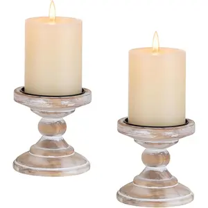 2Pcs Rustic White Distressed Wooden Large Pillar Candle Holders, Farmhouse Style Wood Candle Holders for Pillar Candles, Perfect for Fireplace Table Decor