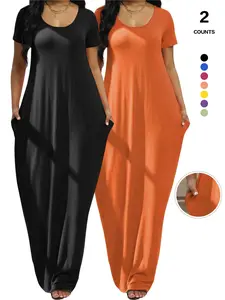 Plus Size Women's Solid Color Dress, casual wear, Sexy Round Neck Short-Sleeved Long Dress, European and American Summer New Arrival, Casual Style
