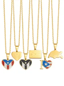 1pc Heart Rectangle Puerto Rico Flag Pendant Necklaces For Women Turtle Sea Turtle Stainless Steel PR Jewelry Love Heart Necklace