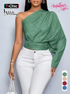 Aliling Sexy Elegant Feminine Women's One-Shoulder Long Sleeve Shirt Blouse Crop Top Slim-Fit Woven Fabric Casual Fashion for Spring or Summer