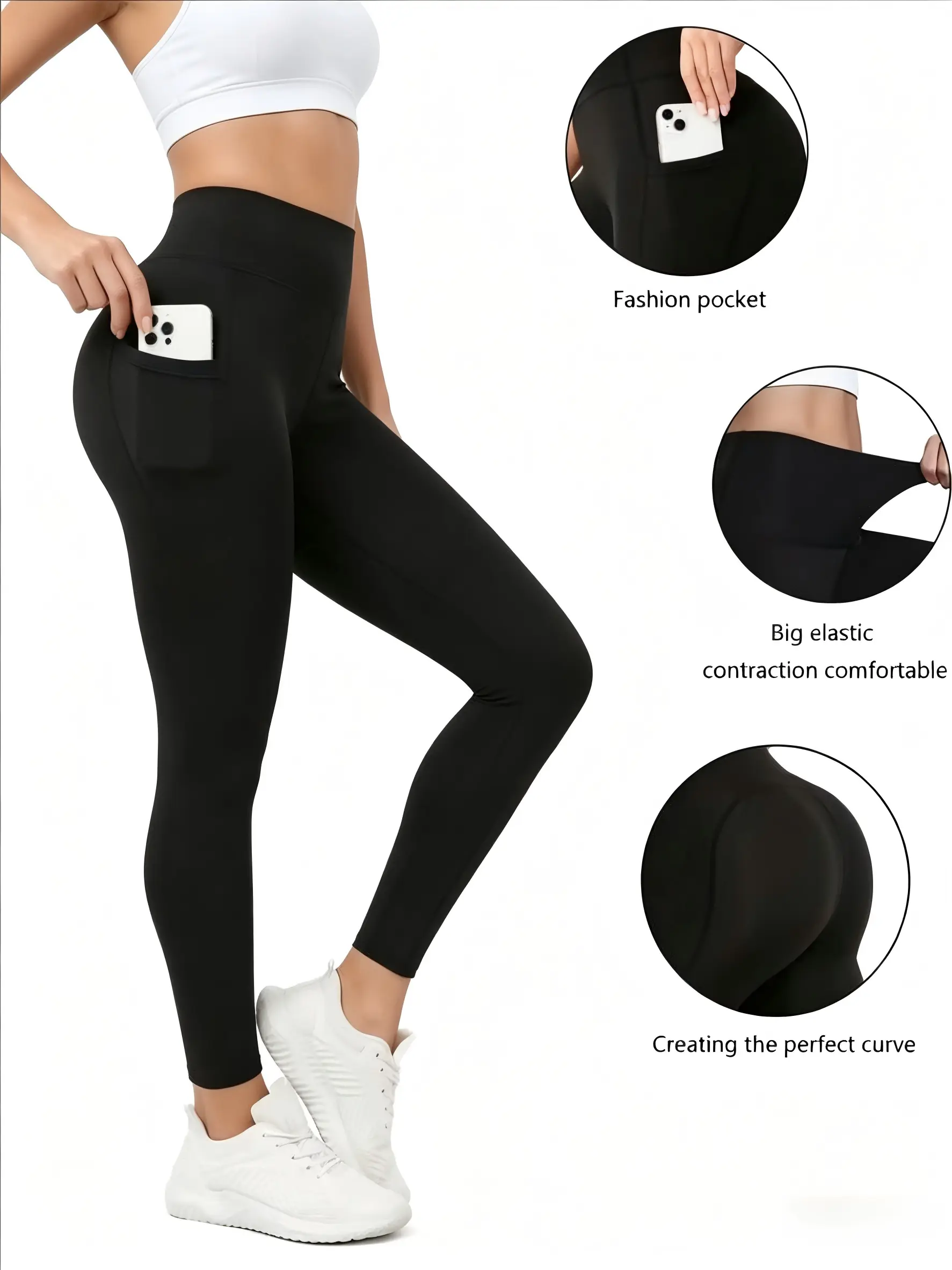 Women's Solid High Waisted Leggings with Pockets, Non See-Through Tummy Control Workout Pants for Yoga and Cycling, Workout Wear tiktokshopbacktoschool