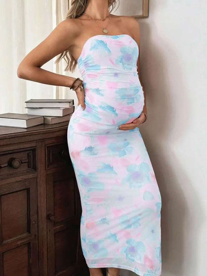 fitted maternity dress High-Neck Slim-Fit Maternity Dress with Long-Sleeves White / XL