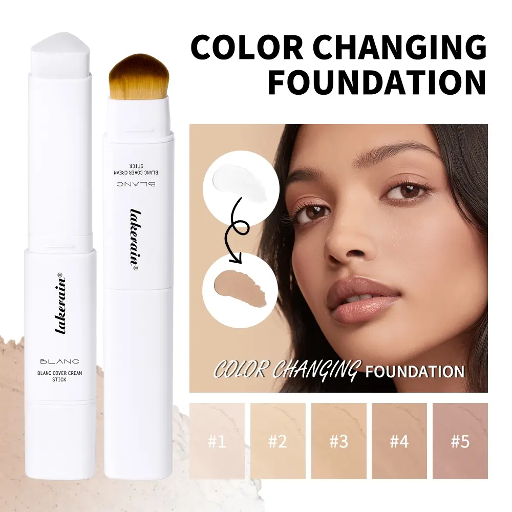 Lakerain Blanc Color-Changing Tinted Foundation Stick, Dual-Ended Base Makeup Stick with Brush, Waterproof & Sweatproof, Long Lasting Foundation, Buildable Radiant Coverage (Medium to Full), 5 Shades for All Skin Tones