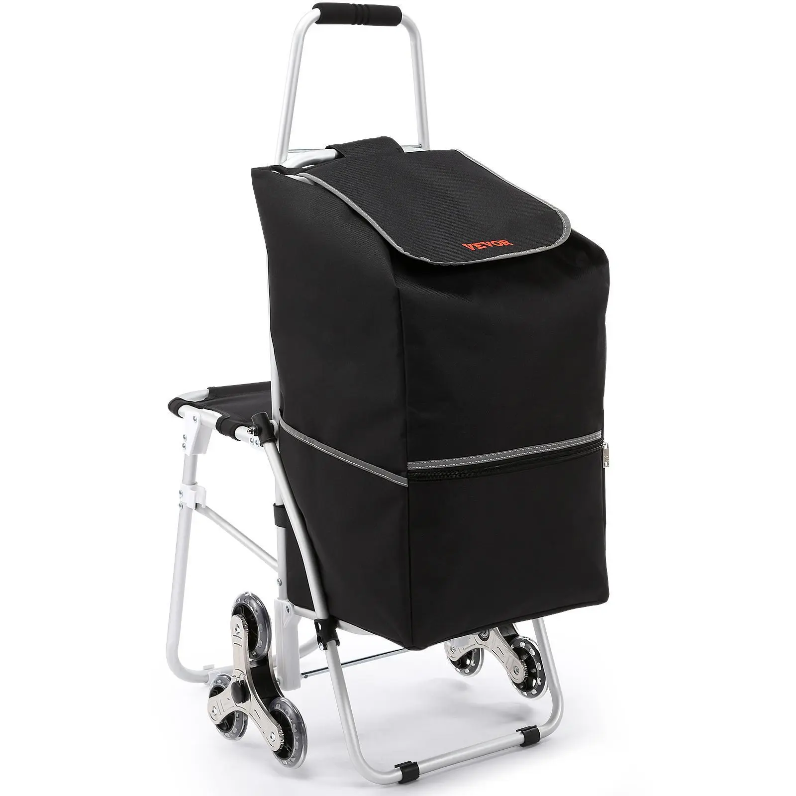 【SummerFinds】VEVOR Folding Metal Stair Climbing Cart on Wheels for Adults, 220 lbs Static Load Capacity, 50L Waterproof Bag, Seat, Rubber Tri-Wheels, Padded Handle, Collapsible Grocery Shopping Cart for Shopping & Gardening, Folding Cart