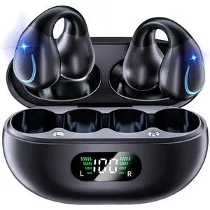Open Ear Clip On Earbuds Wireless Bluetooth 5.3 Bone Conduction Headphones with LED Digital Display Charging Case Sport Earphones Built-in Mic IPX7 Waterproof for Running Walking, Workout Fitness