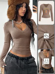 Women's Casual Fall Minimalist Streetwear, Daily Wear Ribbed Knit V-Neck Long Sleeve T-Shirt, Comfortable Fashion Top