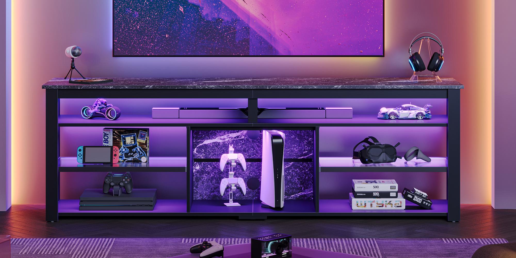 Bestier High Gloss LED TV Stand (67/70in) - Furniture with Storage Drawer, Modern RGB Media Console, Water Ripple Acrylic Side Panels, Remote Color-Changing Lights, Fits Up to 75in TV for Living Room, Apartment & Gaming Room Supplies, Room Decor, House Fu