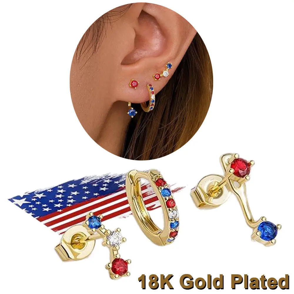 3Pcs Exquisite Shiny Colorful Cubic Zirconia Ear Stud Set Luxurious 18K Gold Plated Independence Day Red Blue White Stackable Earrings National Day Party Jewelry Versatile Daily Wear Gift