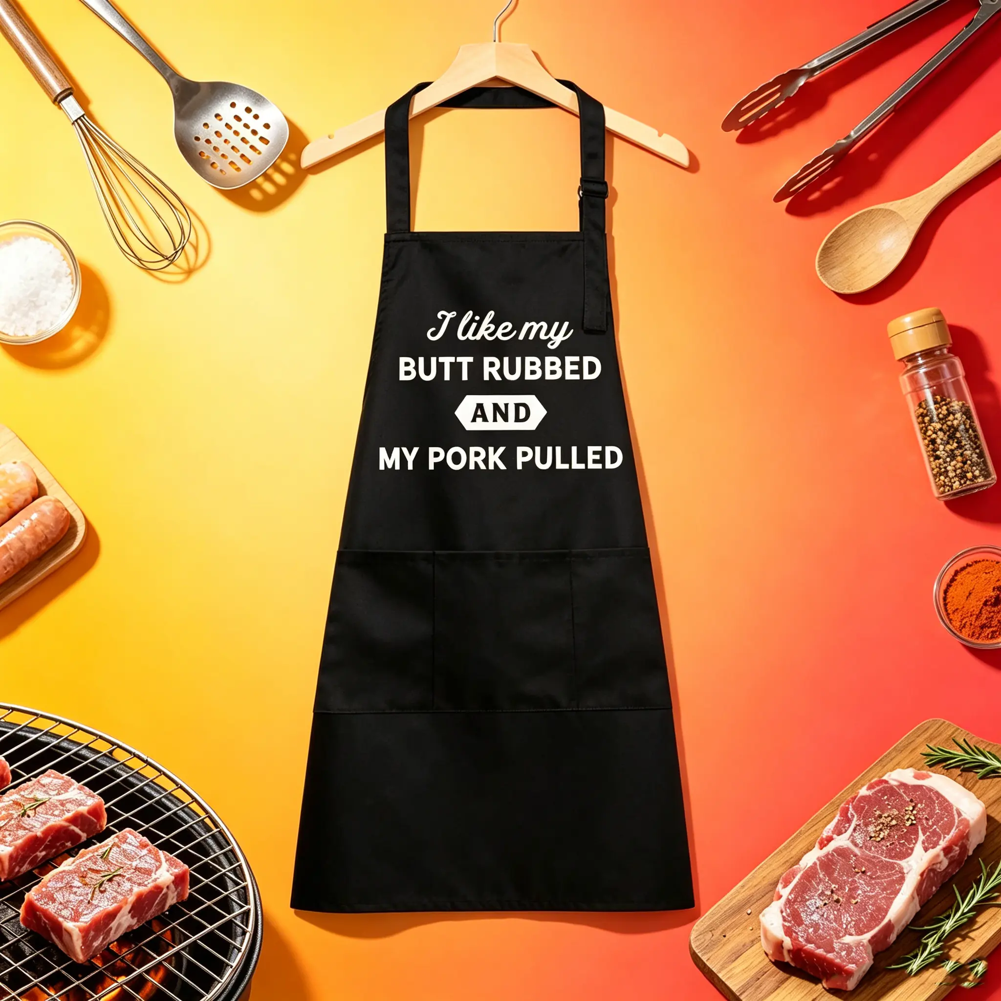 Cookout Apron I Like My Butt Rubbed and My Pork Pulled Funny Grilling chef bbq Funny Aprons Adjustable Household Items Graphic Print Funny Food Cover Novelty Cooking Aprons for Men Black