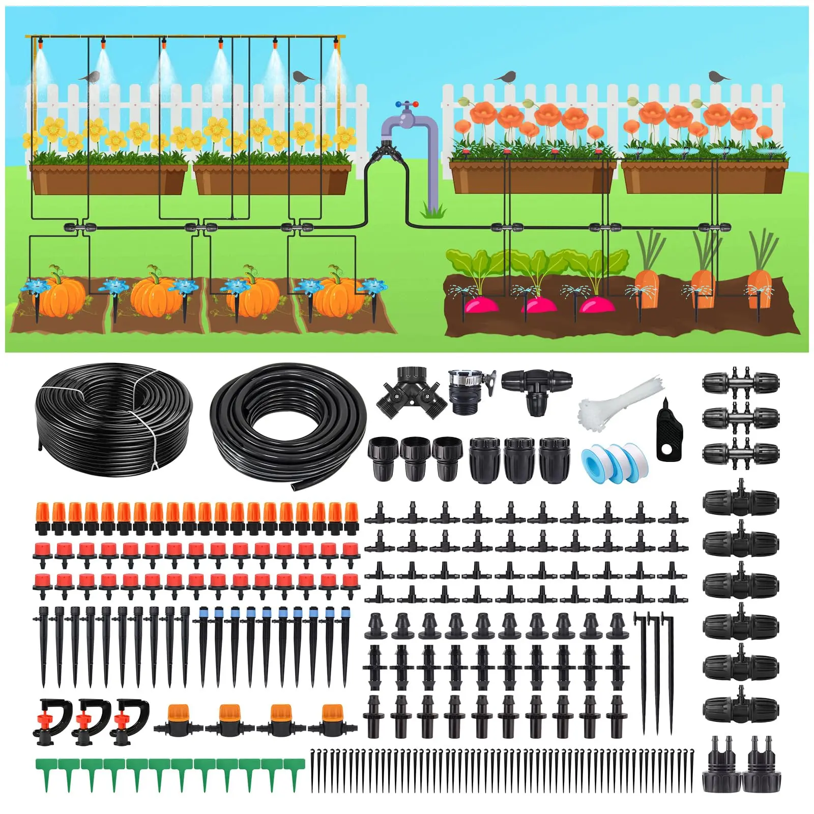 Drip Irrigation System Kit for Garden,299CPS Automatic Drip Irrigation Kits Greenhouse Plant Watering System with 5 Kinds of Sprayers,1/4 inch 1/2 inch Irrigation Tubing Hose for Raised Bed