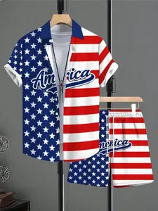 USA America Hawaiian Matching Set Men Women Stars Stripes Flag Print Loose Casual Shirt Shorts Combo Memorial Day 4th July Beach Party Summer Patriotic Couple Vacation Outfit