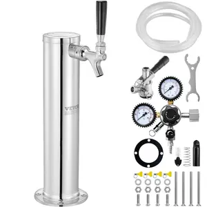 VEVOR Kegerator Tower Kit, Single Tap Beer Conversion Kit, Stainless Steel Keg Beer Tower Dispenser with Dual Gauge CGA320 Regulator D-System Keg Coupler, Self-Closing Spring for Party Bar Home