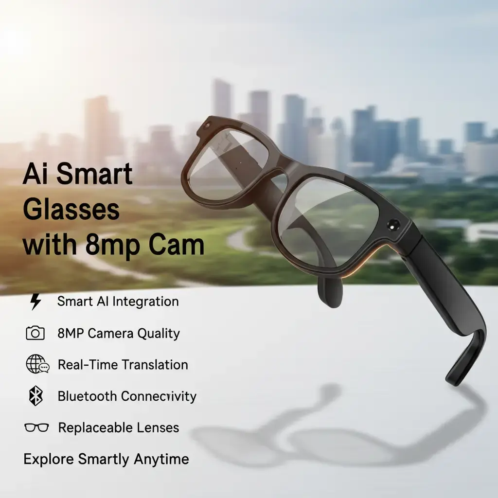 Unisex Wearable Smart Glasses with 8MP Digital Camera, Bluetooth, AI Integration, ChatGPT, 100+ Languages Real-Time Translation, Handsfree Calls, Music Player, Replaceable Lenses, Earphones, Wireless Multisport for Cycling & Outdoor Adventures