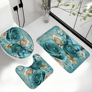 Luxury Blue Rose Butterfly Bathroom Mat Set, Tiffany Blue Pearl Print, Non-Slip U-Shaped Pad, Soft Comfortable Absorbent, Summer Bath Decor
