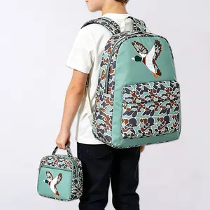 Duck Camo Kids Backpack With Lunch Box Boys Water Resistant Lightweight Kids School Bag Set, Cute Flying Duck Embroidery Bookbag For Kindergarten Elementary Back To School