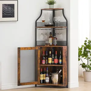 Gaomon MDF Wood Farmhouse Corner Cabinet - Rustic Brown Compact Storage Unit with Metal Frame, Adjustable Shelf, Glass Holder for Dining Room Wine Organization
