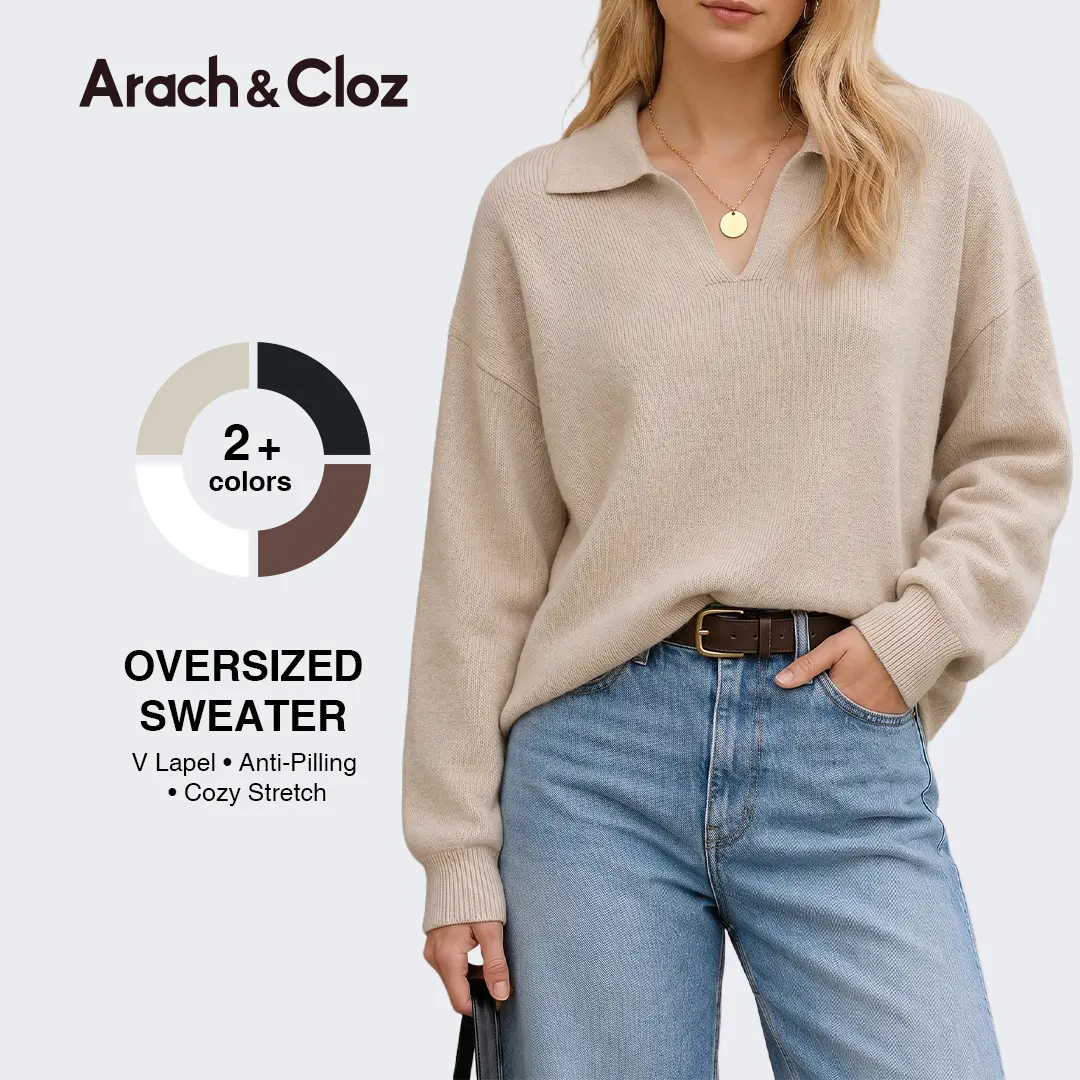 Arach&Cloz Women's 2026 Autumn Winter Tencel Cashmere Anti-Pilling Oversized V Lapel Commute Medium Stretch Loose Knit Pullover