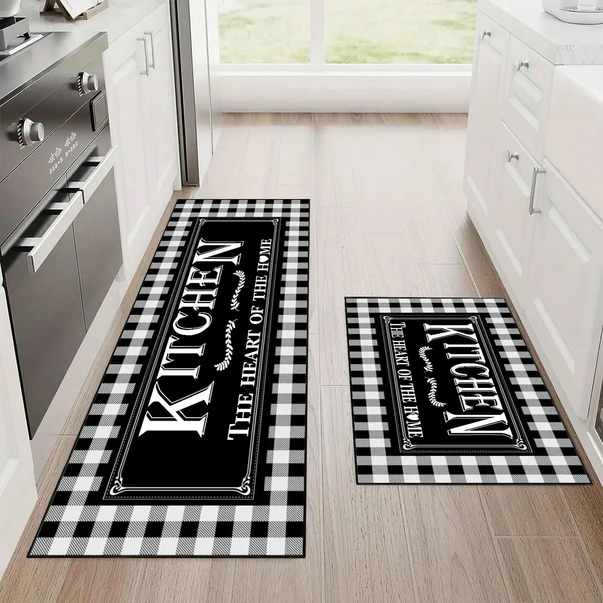 Anti-Slip Washable Kitchen Rug Set, Kitchen Runner Rug, Buffalo Plaid Farmhouse Kitchen Rug, Boho Washable Rug, Farmhouse Boho Rugs, Non Slip Rugs, Long Carpet, Kitchen Floor Mat, Soft Comfortable Pet-Friendly Mat for Home Decor