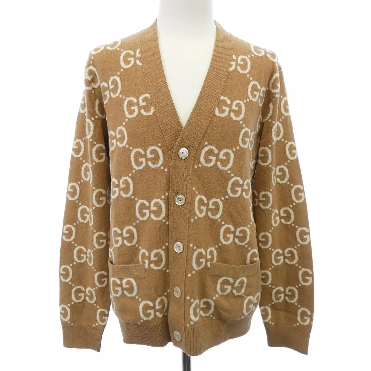 Pre-owned GUCCI Wool Small Leather Goods GG Jacquard Cardigan