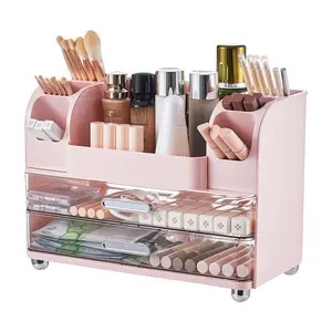 UFORU makeup organizer for Vanity with 2 Large Drawers, Cosmetic Display Case with Brush Holders, Easy to Storage for Bathroom Countertop Skincare, Desk Office Supplies,Pink Boxes Gift, jewelry organizer