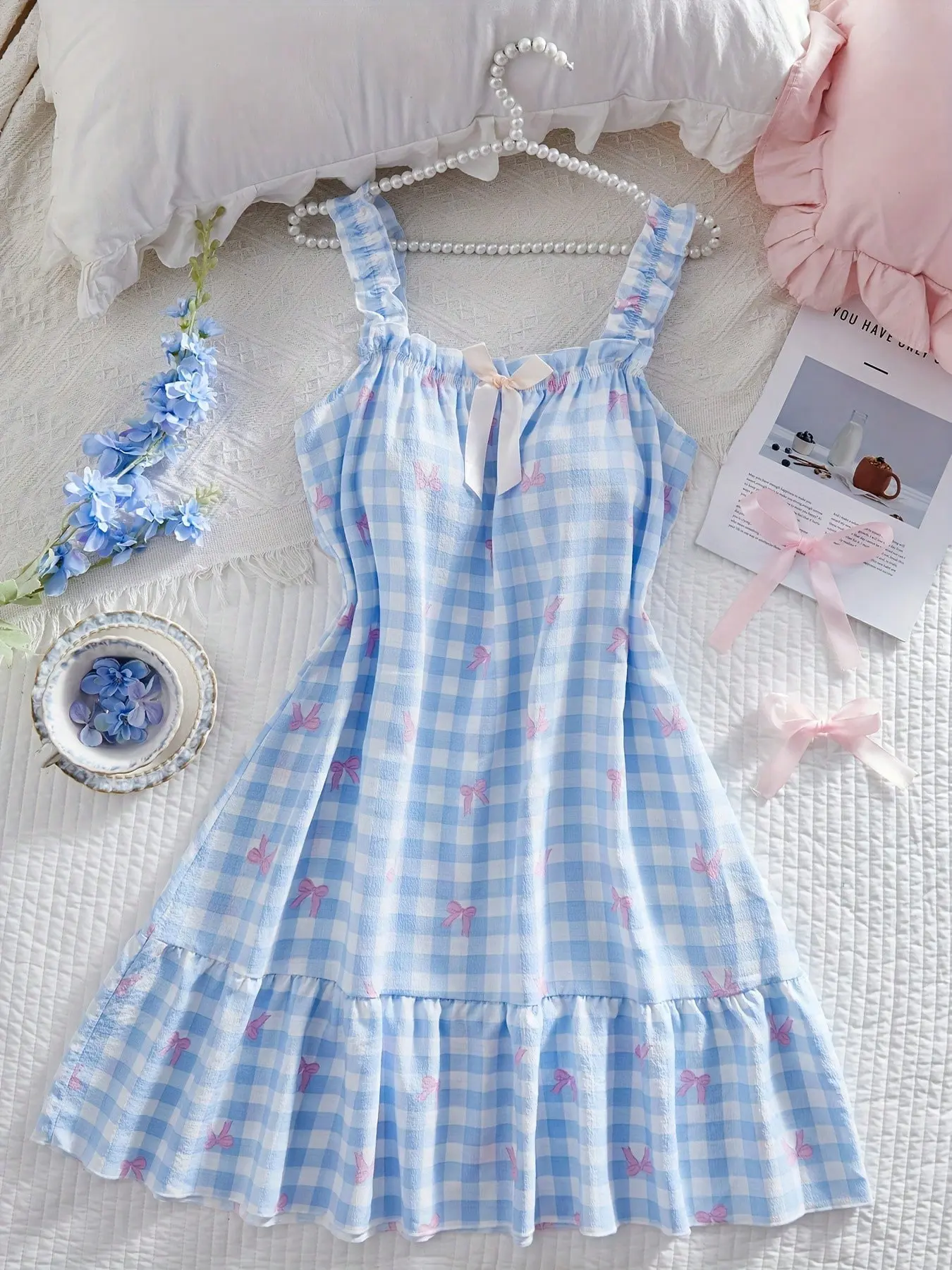 Women's Floral & Bow Print Sleeveless Cute Feminine Loose Pajamas, Lightweight Plaid Ruffle Trim, Breathable Summer Skin Friendly Loungewear, Comfortable Sleepwear