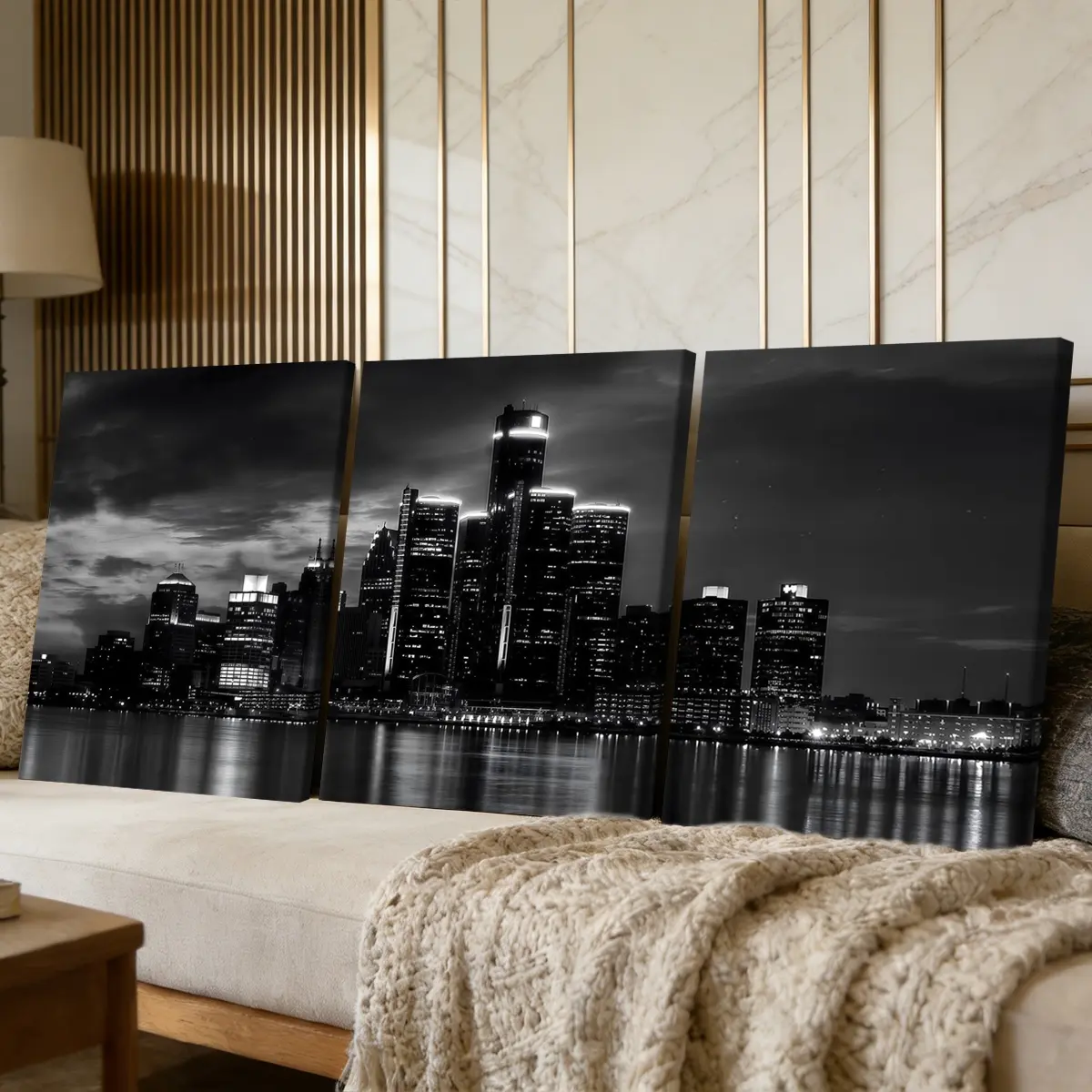 3 Counts Wooden Framed Canvas Painting, Modern Black And White City Skyline Night View, Poster, Modern Art, Decorative Wall Art, Wall Art Decoration, Modern Home Decor, Canvas Prints, Waterproof Art