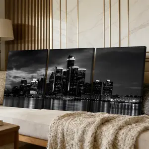 3 Counts Wooden Framed Canvas Painting, Modern Black And White City Skyline Night View, Exquisite Poster, Perfect Living Room Decoration, Modern Art, Fashion Family Poster, Wall Art Decoration, Waterproof Art