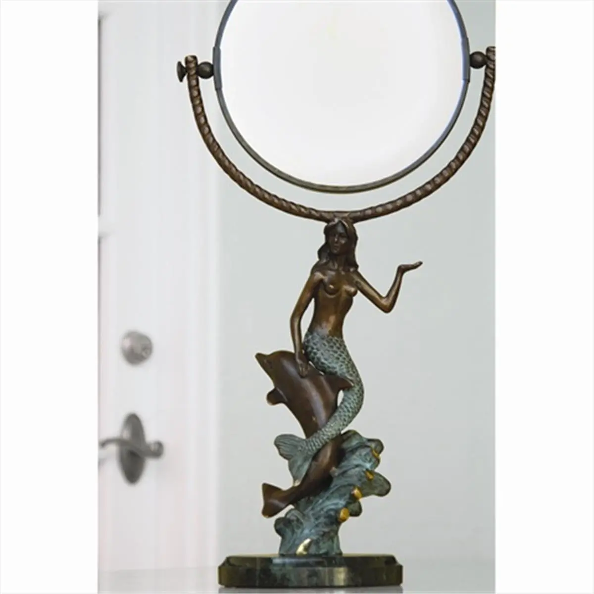 212 MAIN Mermaid & Dolphin Glass Bathroom Mirror - 18.5 in H Marble Construction Mounted Mirrored Accessory, Home Decor Fixture, Mirrored Bathroom Mirrors
