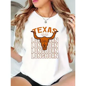 Women's Texas Longhorn 1845 Skull Graphic T-Shirt, Casual Daily/Game Day Wear for Texas Pride Fans, White