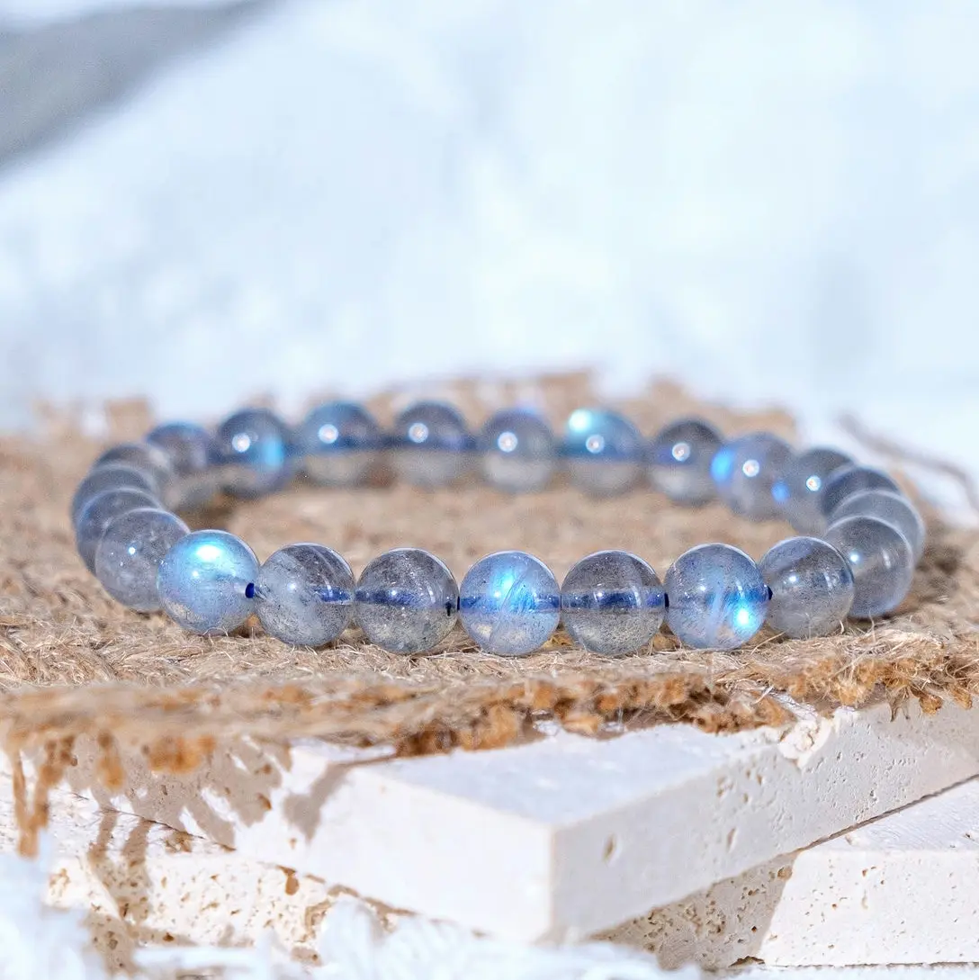 Sofia Natural Moonstone 7mm Blue Sheen Crystal Bead Stretch Bracelet, Bohemian Style Bead Bracelets for Adults' Daily Wear, Crystal Beads