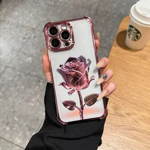 Elegant crystal rose pattern phone case, four corner airbag anti fall protection, non yellowing electroplated ultra-thin TPU phone case, iPhone 17Pro Max Air 16 15 Plus 14 13 12 11 XR XS Samsung Galaxy S25 S24 S23 S22 phone case. A127