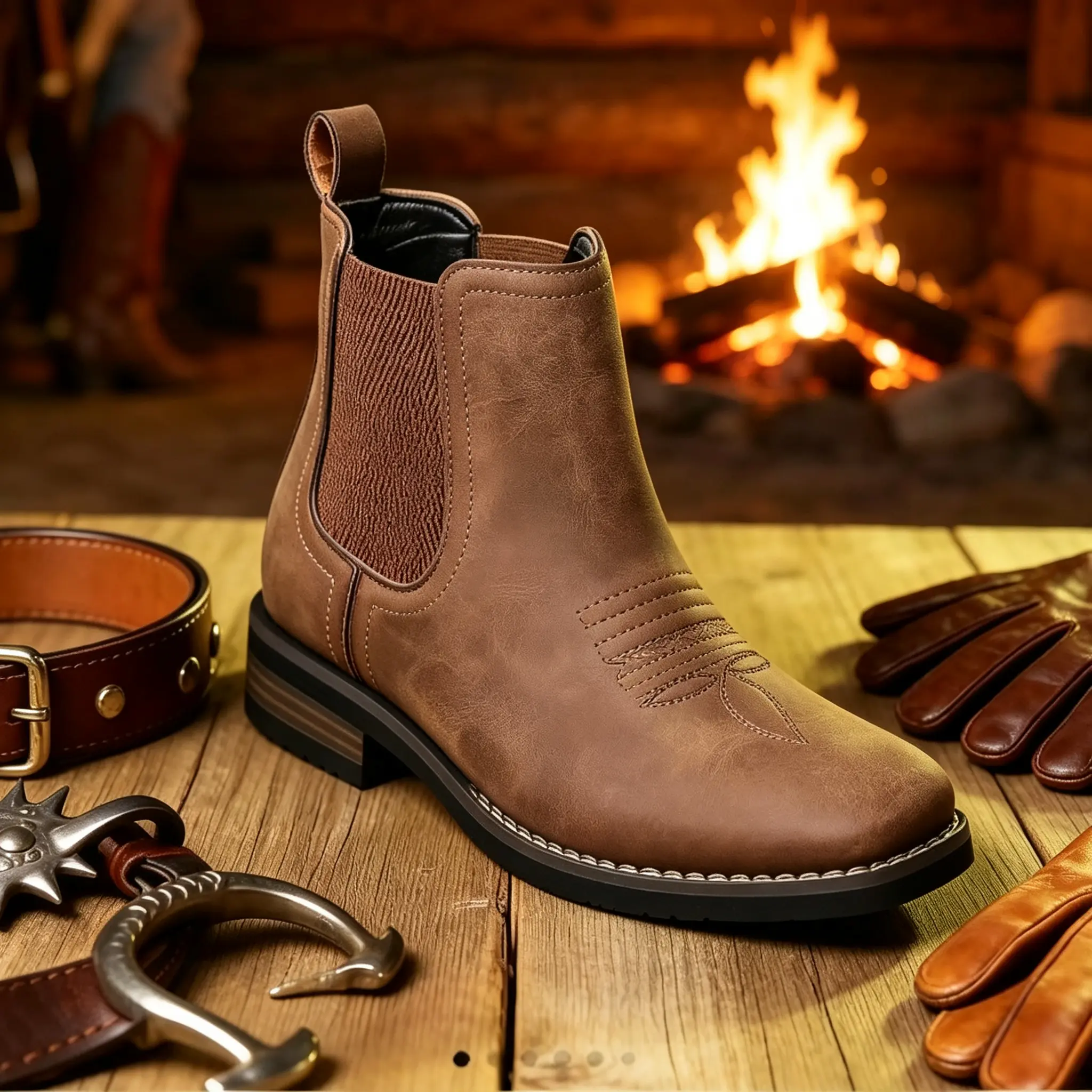 Men's Embroidered Square-Toe Boots - Lace-Up, Cuban Heel, Slip-On, Western Chelsea Design, Synthetic, Breathable, Comfortable, Versatile for Office, Hiking, Classic, Footwear, Walking Shoes