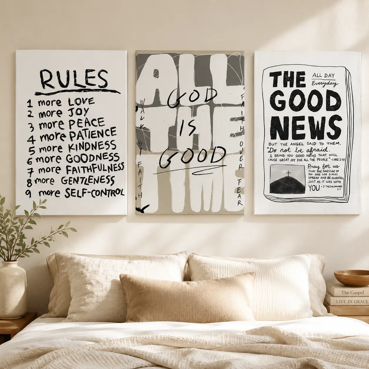 3-Piece Christian Inspirational Canvas Wall Art |   "God is Good" & Good News Quotes Poster Set |   Scripture Decor for Bedroom, Living Room, Office & Cafe |   Faith-Based Home Decor