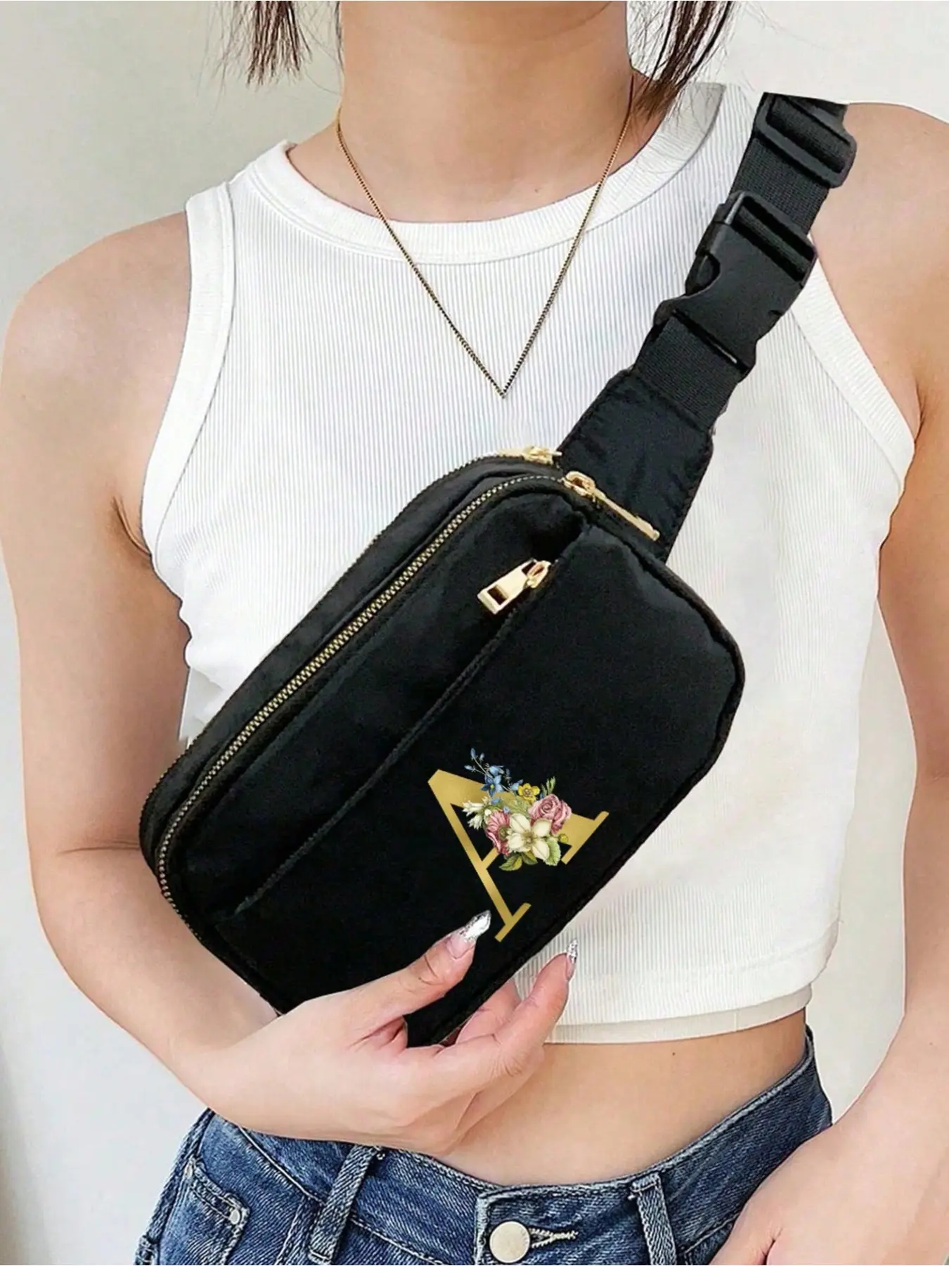Solid-colored chest bag, crossbody bag, sports fitness bag, adorned with a golden letter A to Z pattern, wallet single-shoulder bag, waist bag,  outdoor chest bag,  multifunctional yoga pocket waist bag, suitable for sports, running, travel, hiking
