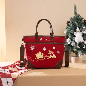 Montana West Christmas Crossbody Tote Bag Santa's Sleigh Edition Red with Snowflake and Reindeer Design