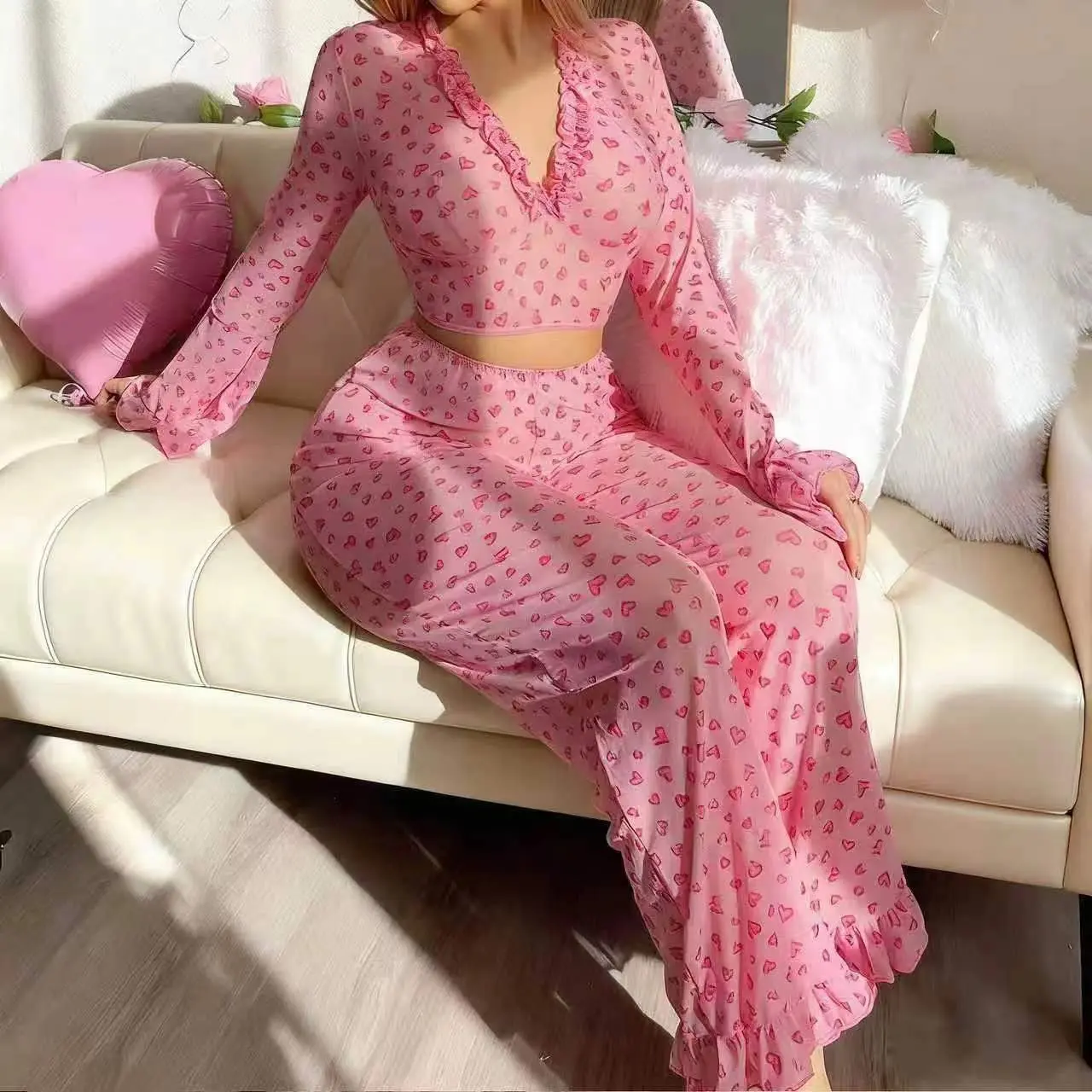 Women's 2-Piece Blush Pink Heart-Shaped Long-Sleeve Pajama Set - Top Included, Exquisite, Simple, Elastic, Comfortable Nightwear Loungewear for Elegant Everyday Use