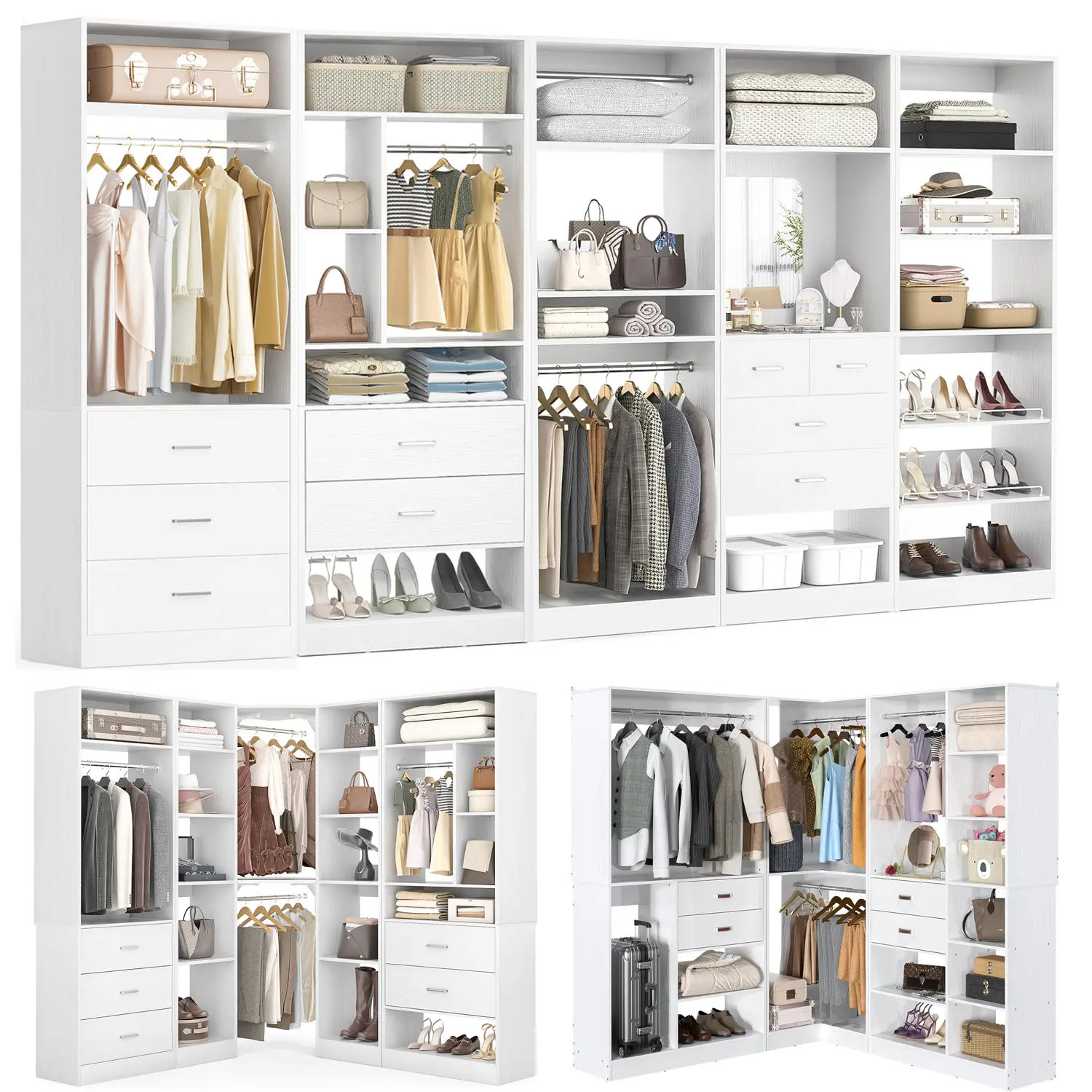 80'' Height Freestanding Wood Closet System, DIY Reversible Stand-alone Wardrobe Walk-in Closet Garment Organizer with Hanging Rod and Drawers, White,dorm essentials,home decor