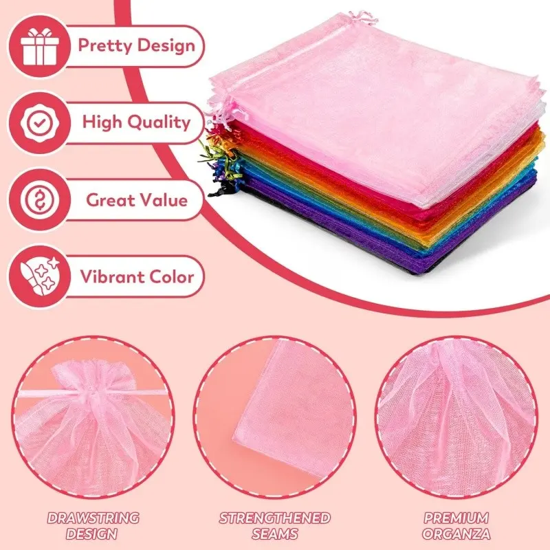 100 Pieces Organza Drawstring Gift Bags, Jewelry Packaging Bags for Wedding Party Decor, Small Gift Bags for Christmas Events with Design and Seams, Party Favor Bags, Gift Bags Bulk
