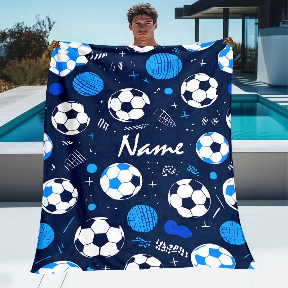 Personalized Soccer Ball Print Throw Blanket, Custom Name Sports Themed Cozy Blanket, Soft Fluffy Lightweight Blanket for All Seasons, Anti-Pilling Washable Decorative Blanket