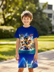 Boys' 3D Blue Starry Sky Dog Print Short Sleeve Two-Piece Set, Fashion Outdoor Sports, Clothes Kids, Holiday Gift, Birthday Present, Casual Set