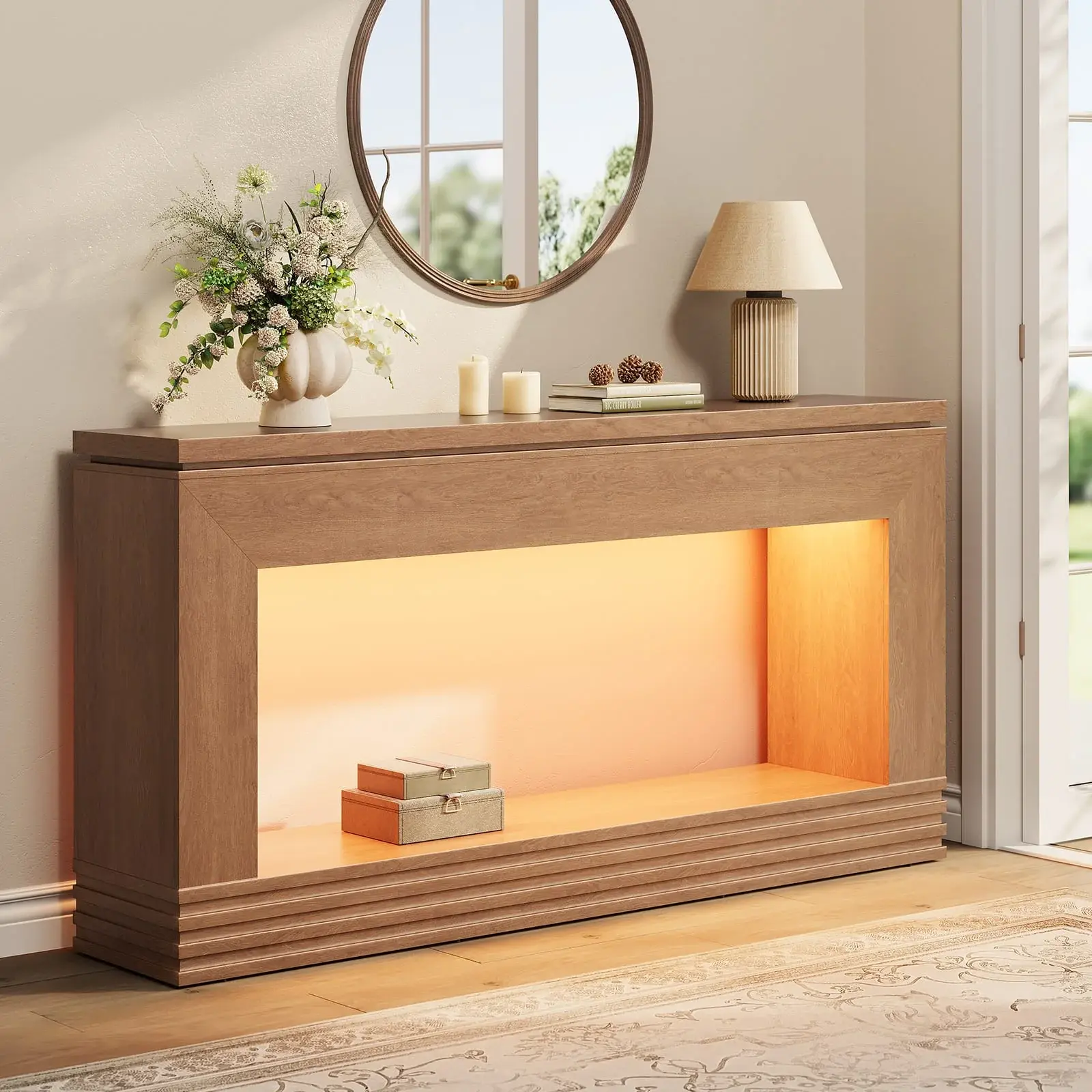 SIKAIC Walnut Grain Rectangle LED Console Table - 63"w x 11.81"d Double-Tier Indoor Furniture, 3-Color App-Controlled Lighting, Thick Base, Anti-Tip Design, Daily-Wear Resistant Engineered Wood, Easy Assembly Required for Entryway, Living Room, Tip-Over P