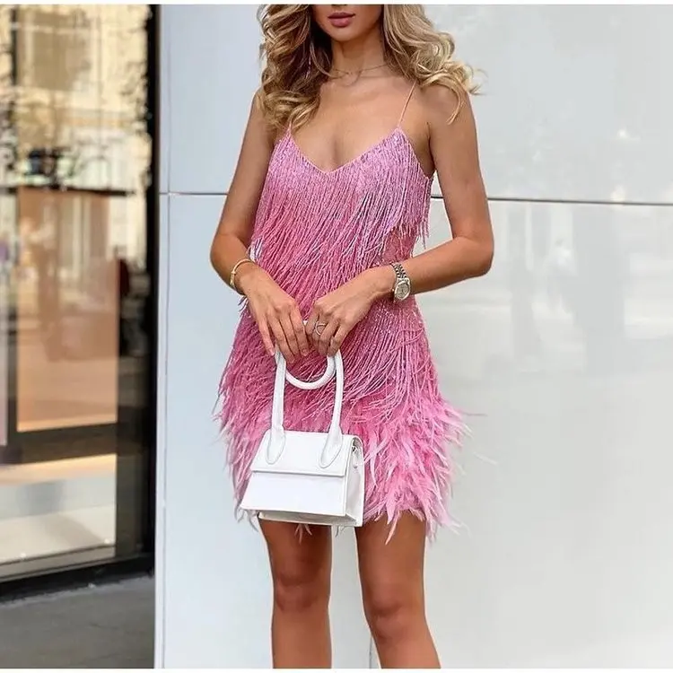 Sexy Tassel Sequins  Summer Mini Dress Women V Neck Spaghetti Strap Stitching Dresses Female Elegant Evening Party Club Dress
