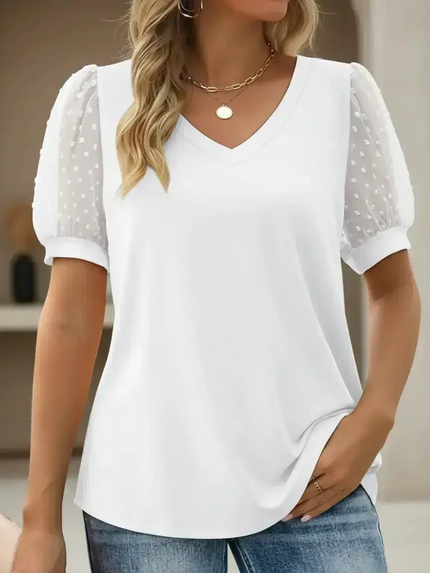 [Plus Size] Basic Plain Minimalist V Neck Tee, Casual Short Sleeve Fitted T-shirt for Summer, Women's Plus Clothing for Daily Wear, Lady Top, Casual Everyday Tops, Womenswear