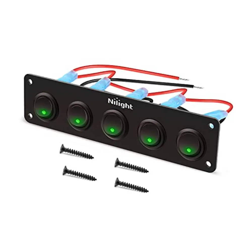 Nilight 5-Gang 3-Pin Splash-Proof Aluminum Rocker Switch Panel - 20A Green On-Off Toggle Control, 12V LED Switches, Car & Truck Vehicle Accessories