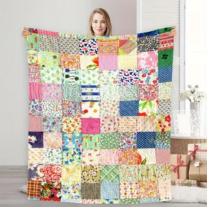 1PC Vintage Floral Patchwork Flannel Blanket - Soft, warm and cozy with bright colorful print design, suitable for all seasons,